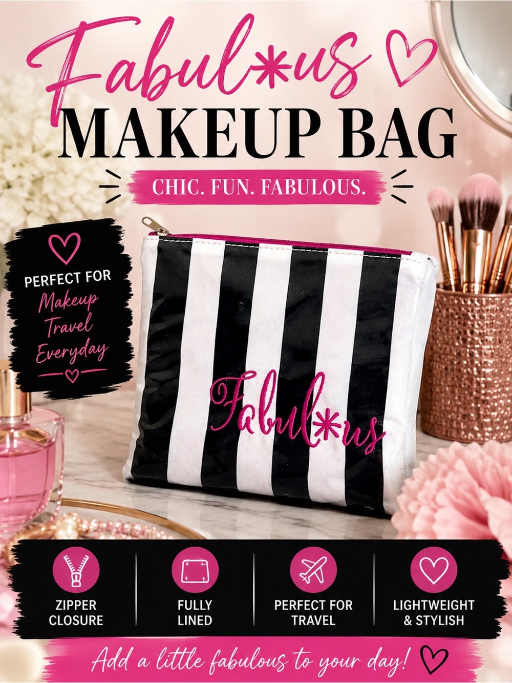 Fabul*us Black White Striped Makeup Cosmetic Bag